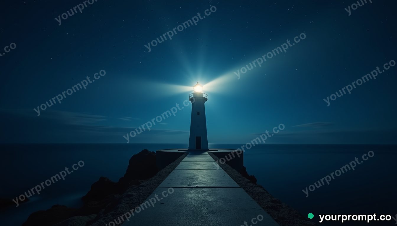 A lighthouse beaming a road of light into the night sky