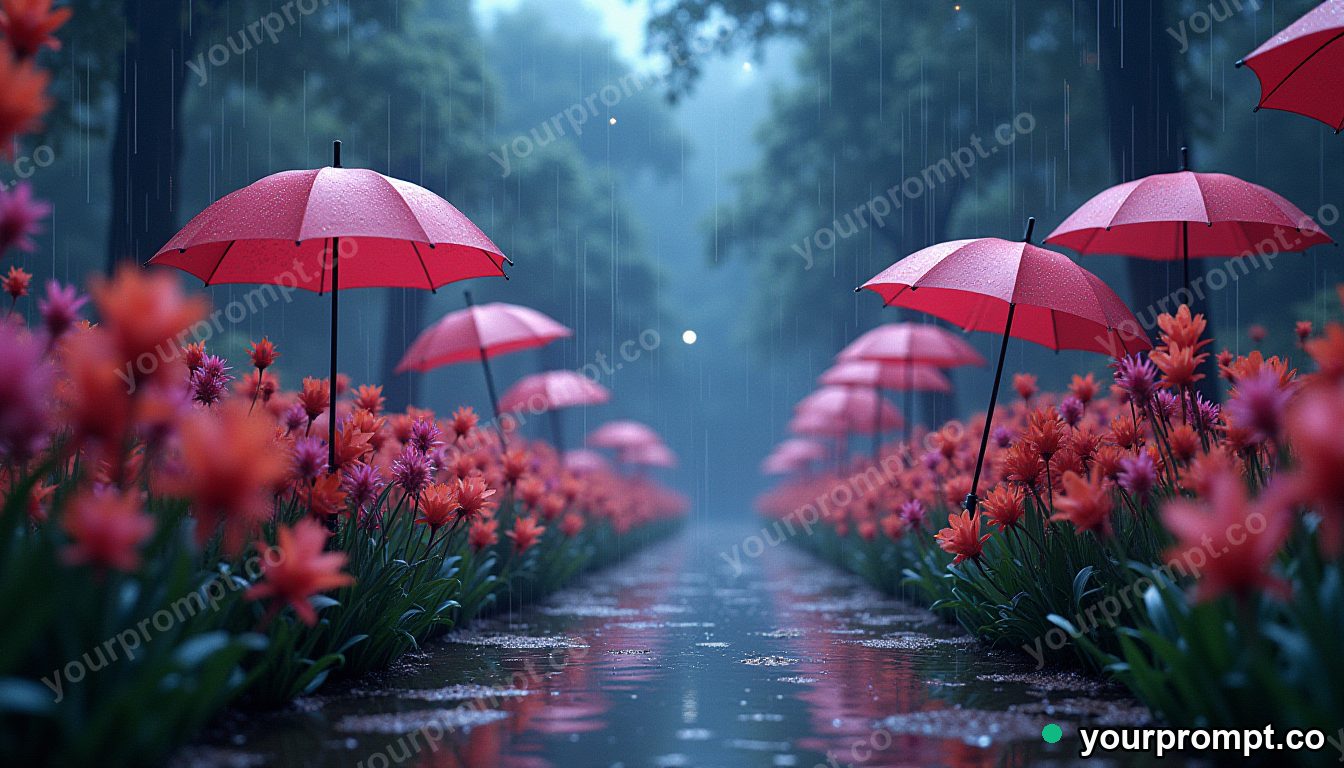 A garden where umbrellas bloom like flowers in the rain