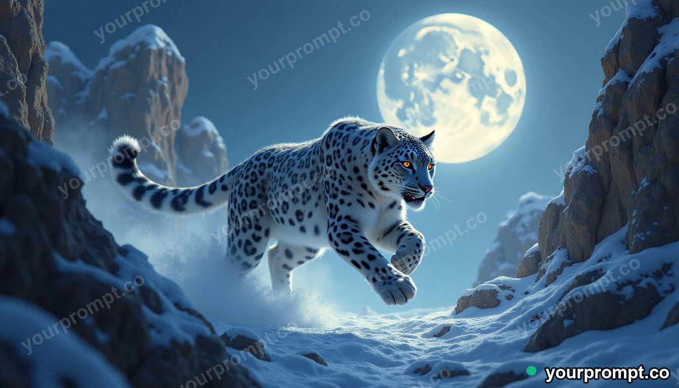 A snow leopard leaping across a moonlit ravine