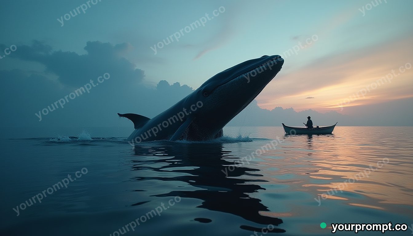 A humpback whale rising beside a tiny rowboat at dawn