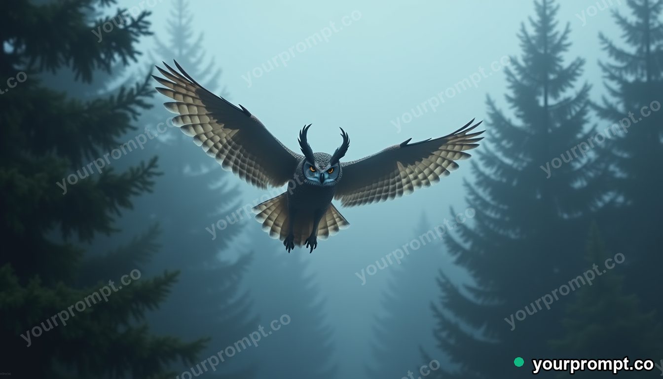 A great horned owl gliding through a foggy pine forest