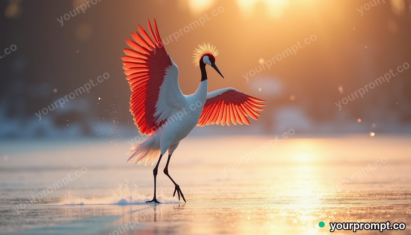 A red crowned crane dancing on a frozen lake