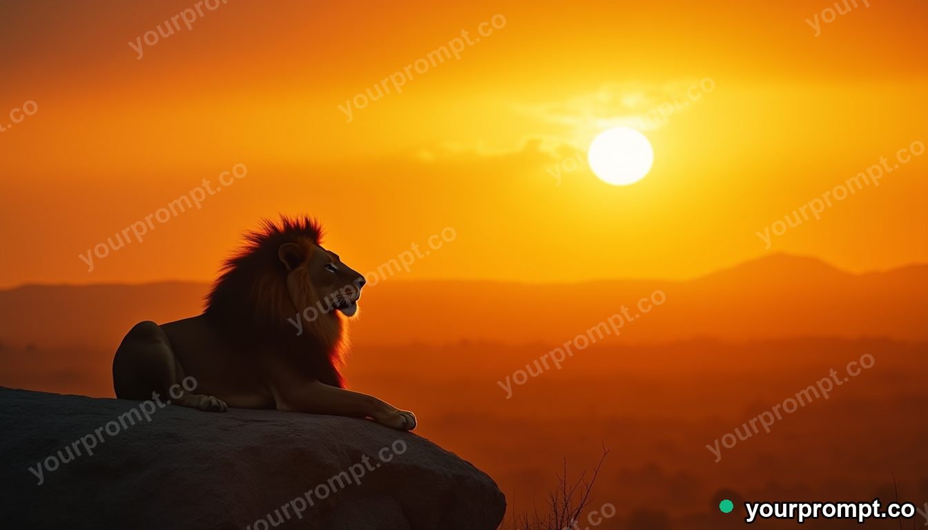 A lion resting on a rock as the savanna burns gold at sunset
