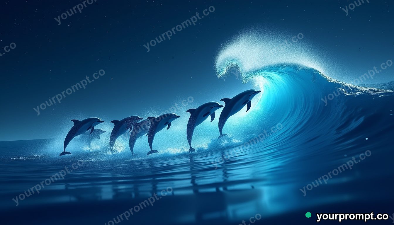 A pod of dolphins leaping through a glowing wave at night