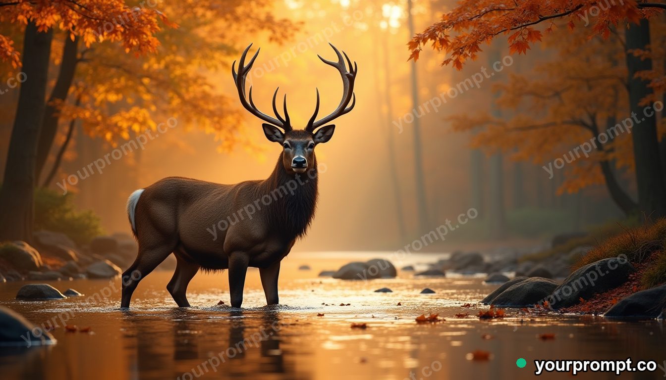 A stag standing in a river with autumn leaves falling