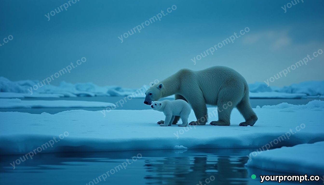 A polar bear and cub on drifting sea ice at blue hour