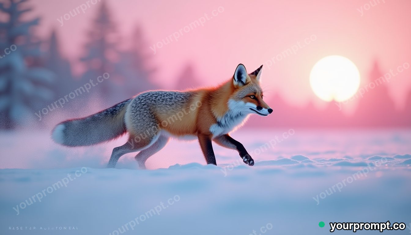 A fox trotting across fresh snow under soft pink dawn in epic fantasy concept art style — AI-generated image from a text prompt