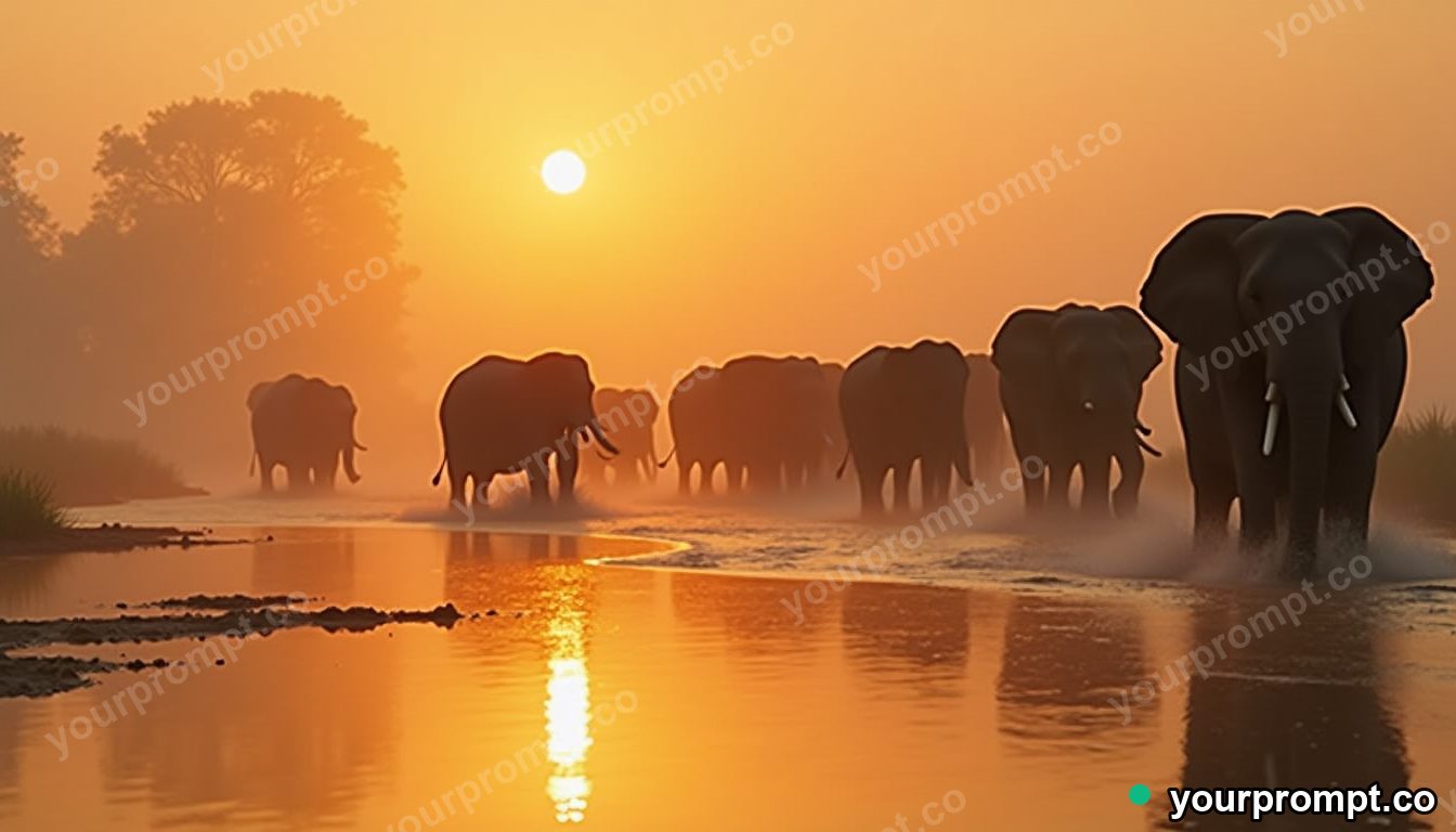 A herd of elephants crossing a misty river at sunrise in cinematic film still style — AI-generated image from a text prompt
