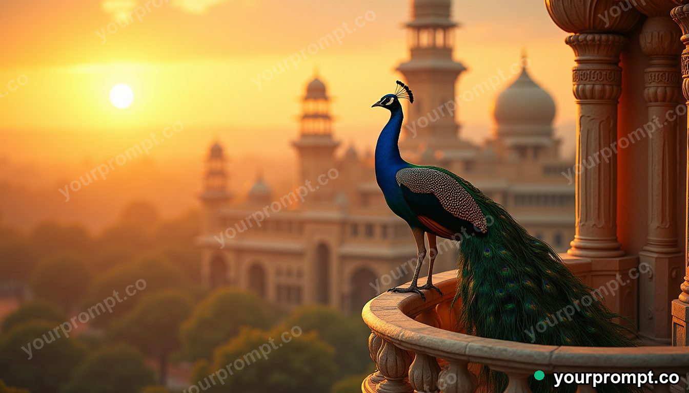 A peacock displaying on a palace balcony at golden hour in matte concept painting style — AI-generated image from a text prompt