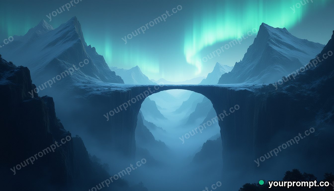 A bridge of light arcing between two floating mountains