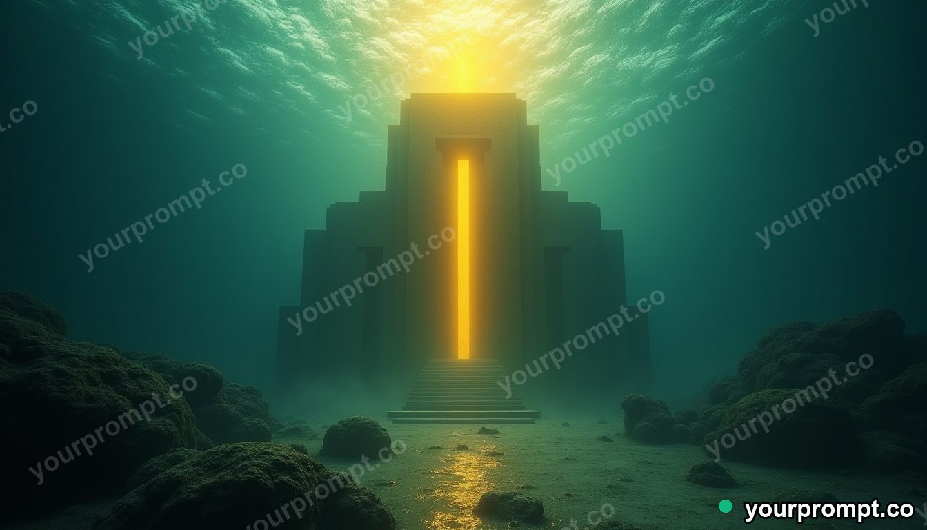 A sunken temple glowing with golden light underwater in matte concept painting style — AI-generated image from a text prompt
