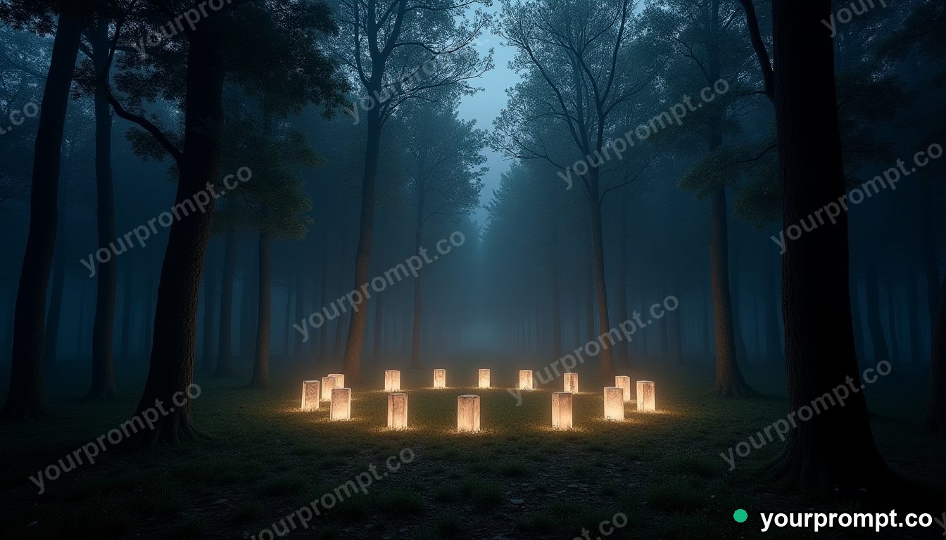 A forest clearing with a ring of glowing standing stones in cinematic film still style — AI-generated image from a text prompt