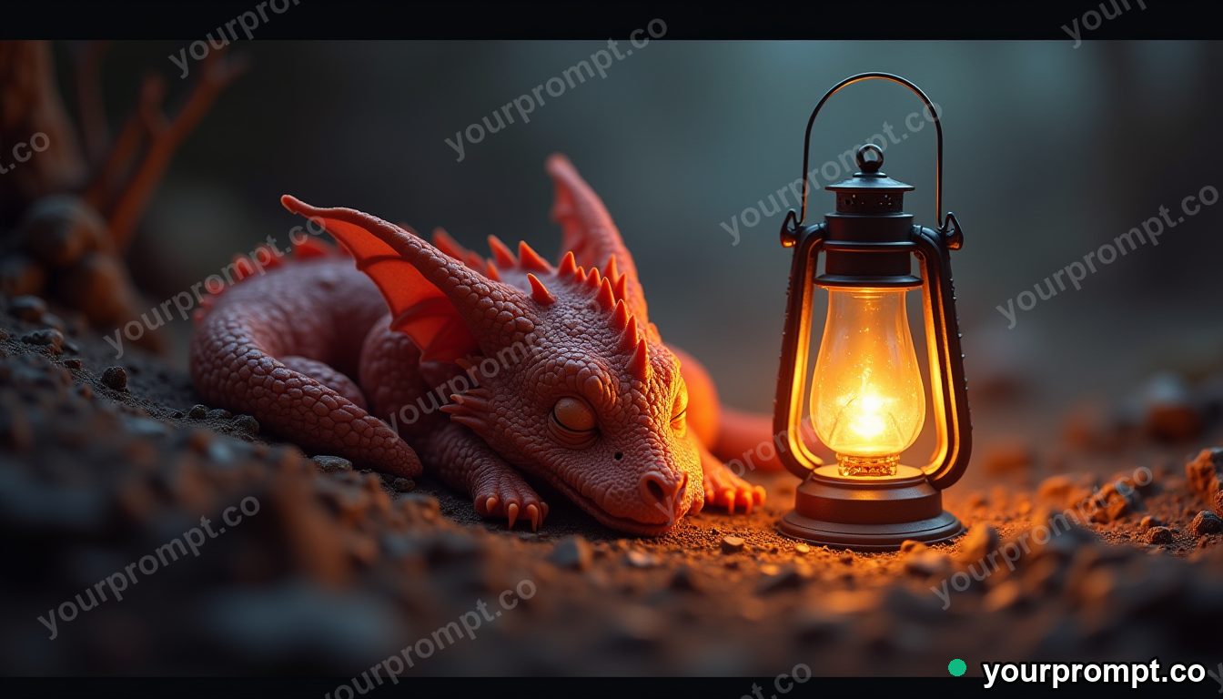 A tiny dragon sleeping in a lantern's warm glow in epic fantasy concept art style — AI-generated image from a text prompt