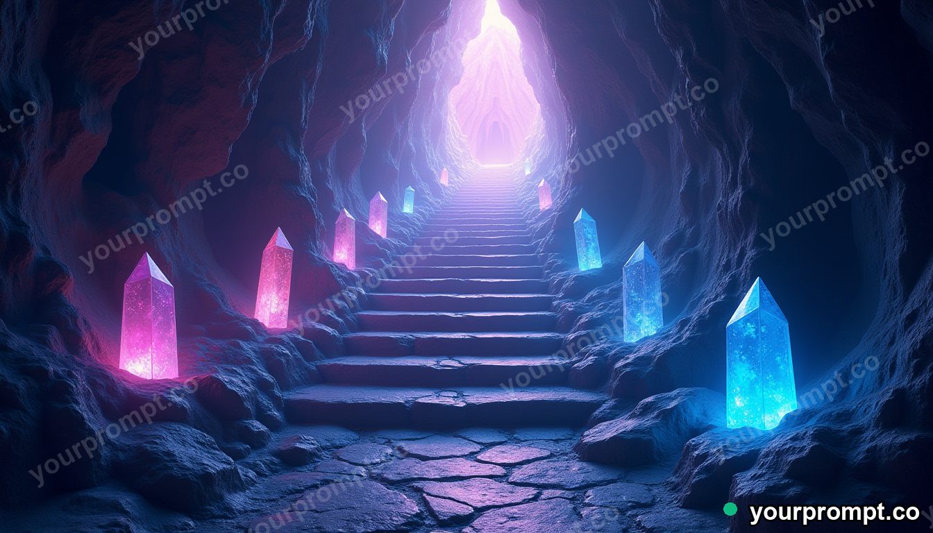 A staircase descending into a cavern of glowing crystals in matte concept painting style — AI-generated image from a text prompt