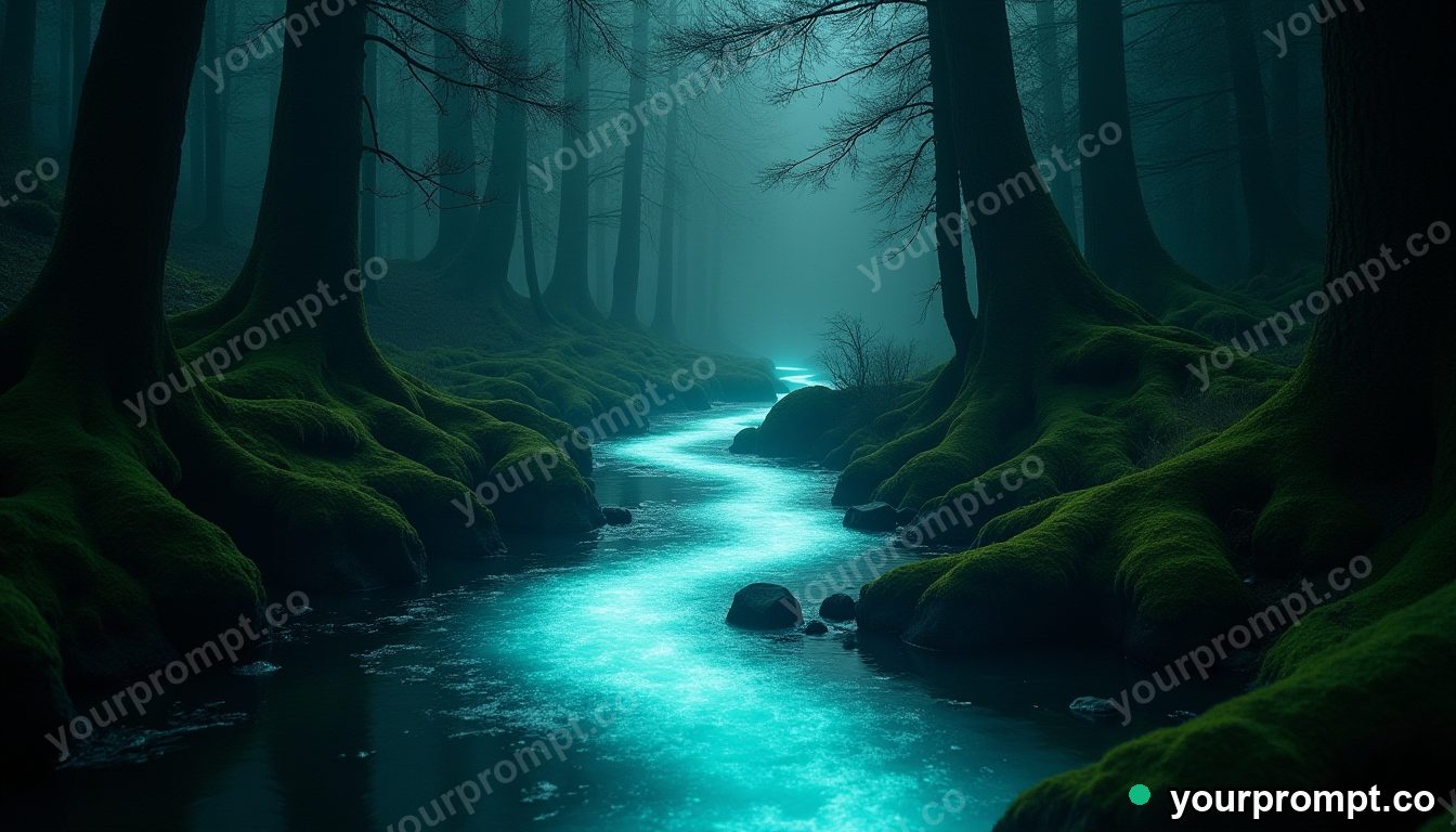 A glowing river snaking through a dark mossy forest in cinematic film still style — AI-generated image from a text prompt