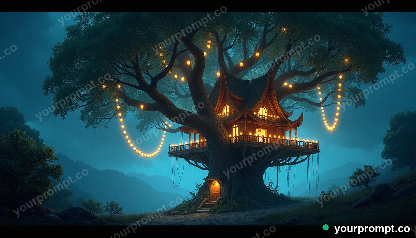 A tree house city strung with thousands of glowing lanterns in epic fantasy concept art style — AI-generated image from a text prompt