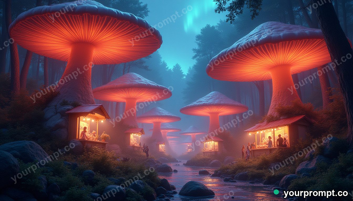 A fairy market glowing under giant mushroom canopies in matte concept painting style — AI-generated image from a text prompt