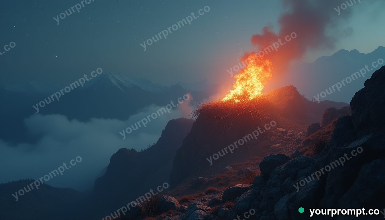 A phoenix nest of embers atop a misty mountain in cinematic film still style — AI-generated image from a text prompt