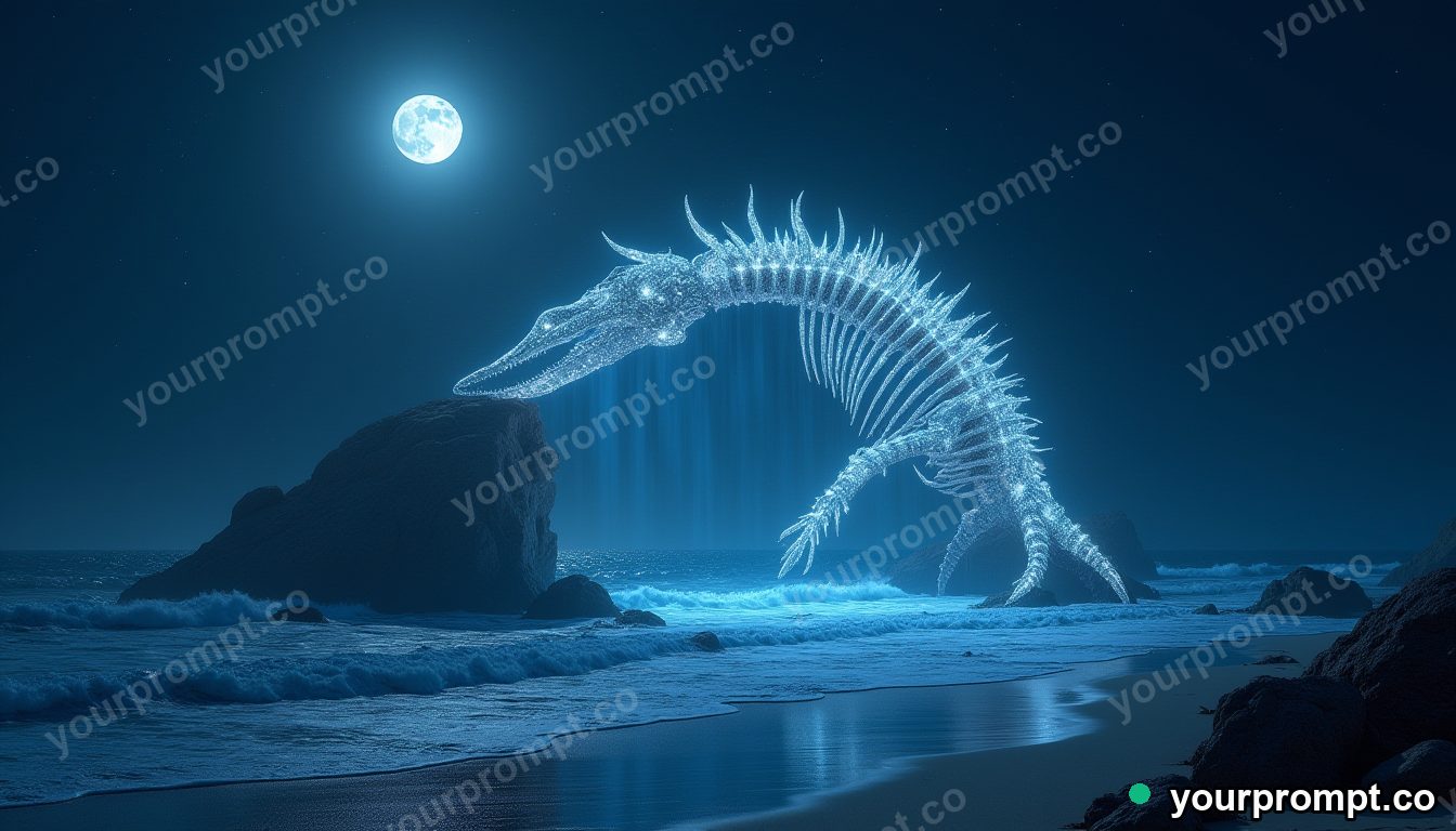 A glowing whale skeleton arch on a moonlit beach in epic fantasy concept art style — AI-generated image from a text prompt
