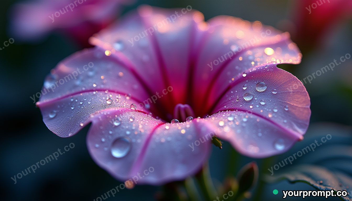 A morning-glory petal beaded with rainbow dew
