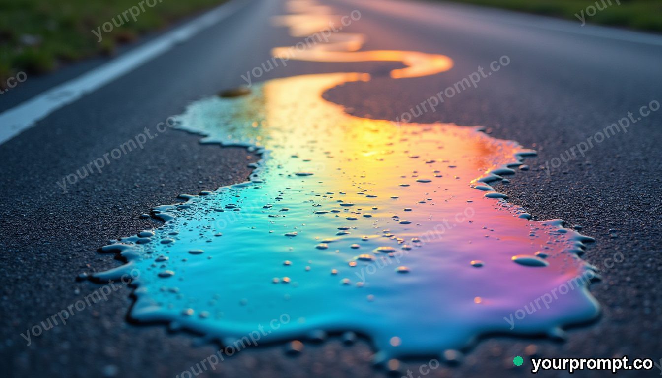 A slick of rainbow oil swirling on wet asphalt