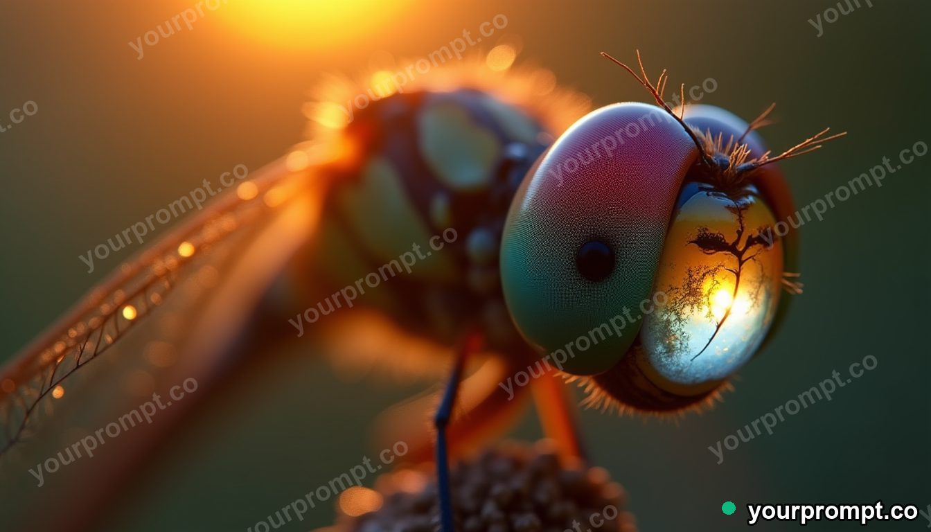 A dragonfly eye reflecting a tiny sunrise, macro