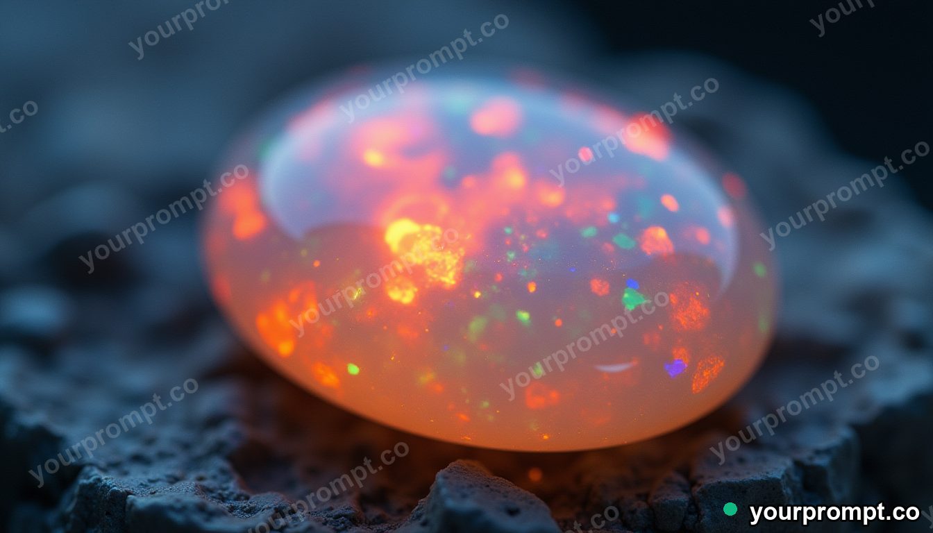 An opal cabochon flashing fire in close-up in extreme macro photograph style — AI-generated image from a text prompt
