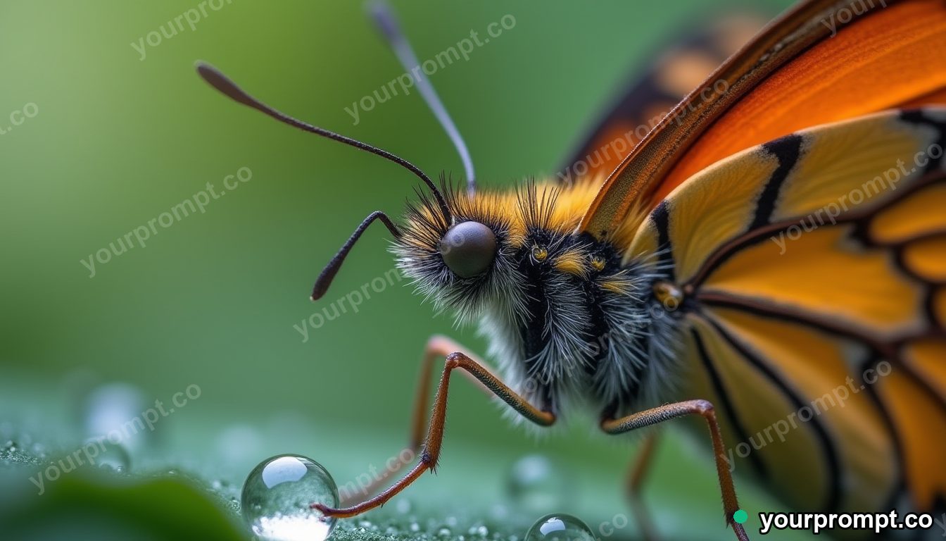 A butterfly proboscis curled beside a dewdrop, macro in extreme macro photograph style — AI-generated image from a text prompt