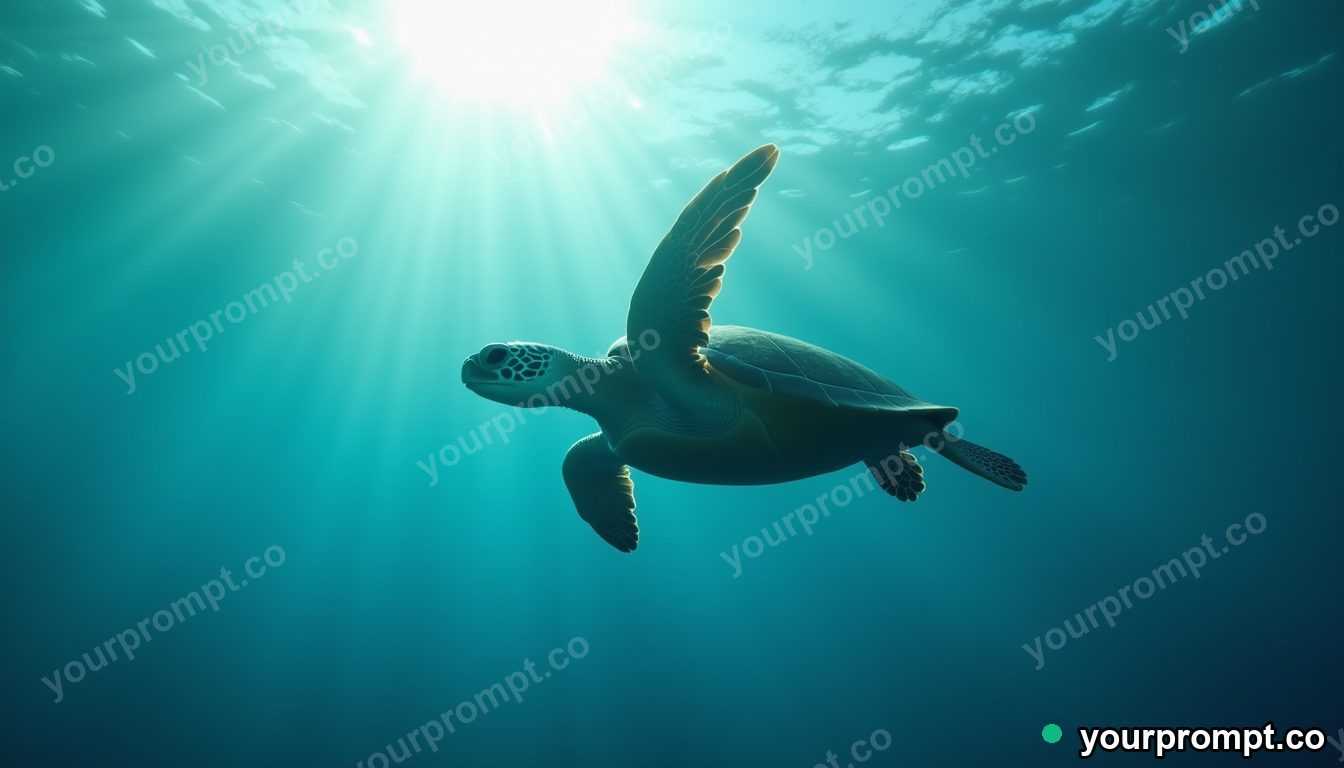 A sea turtle gliding through a shaft of sunlight underwater in underwater cinematic photograph style — AI-generated image from a text prompt