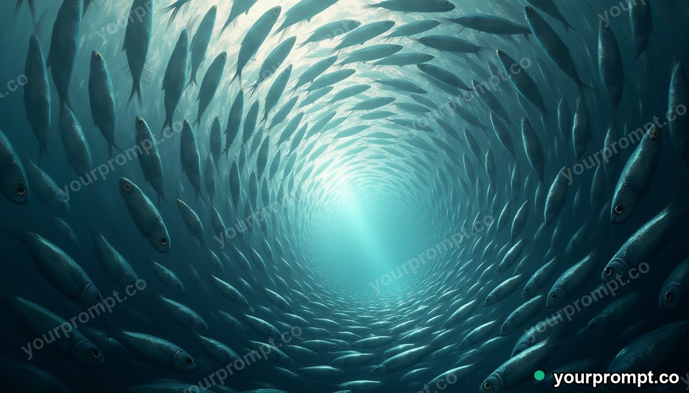 A vast school of sardines spiraling into a silver vortex in matte concept painting style — AI-generated image from a text prompt