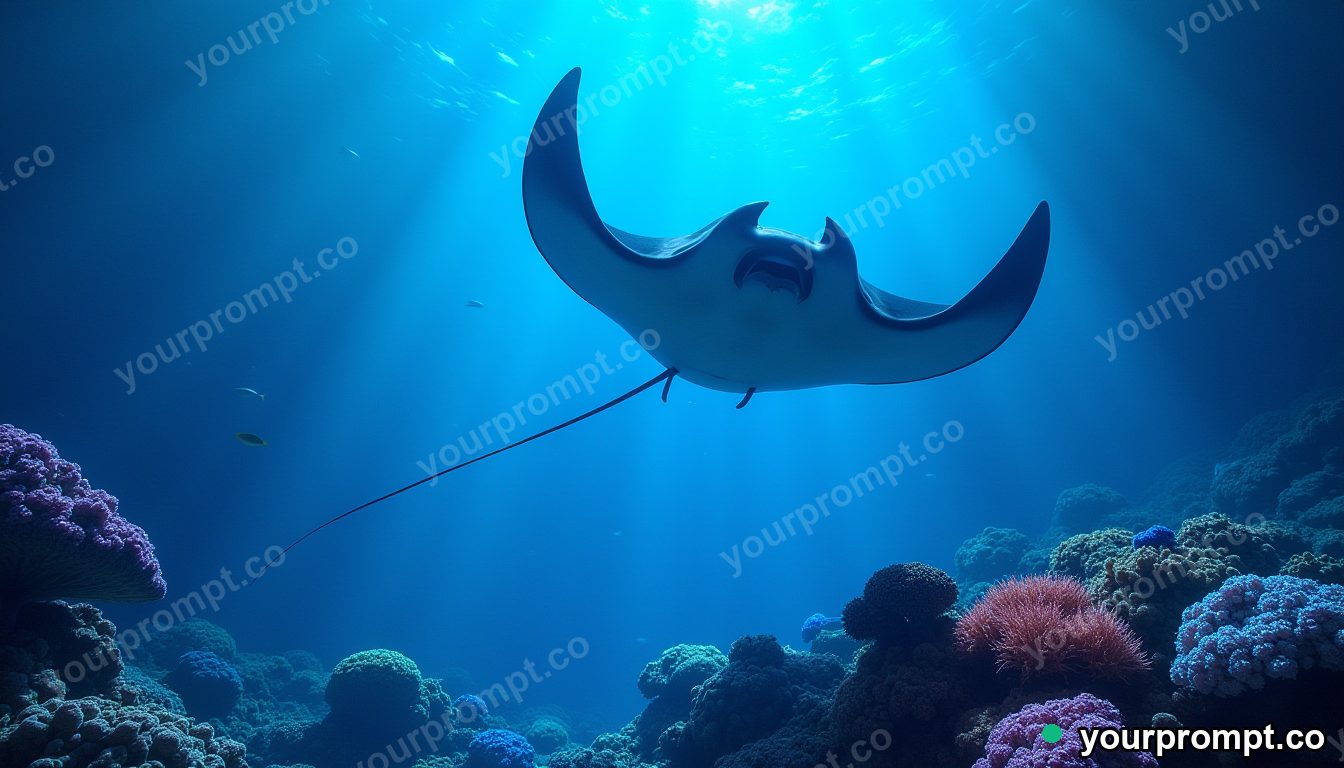 A manta ray passing over a glowing coral garden in photorealistic style — AI-generated image from a text prompt