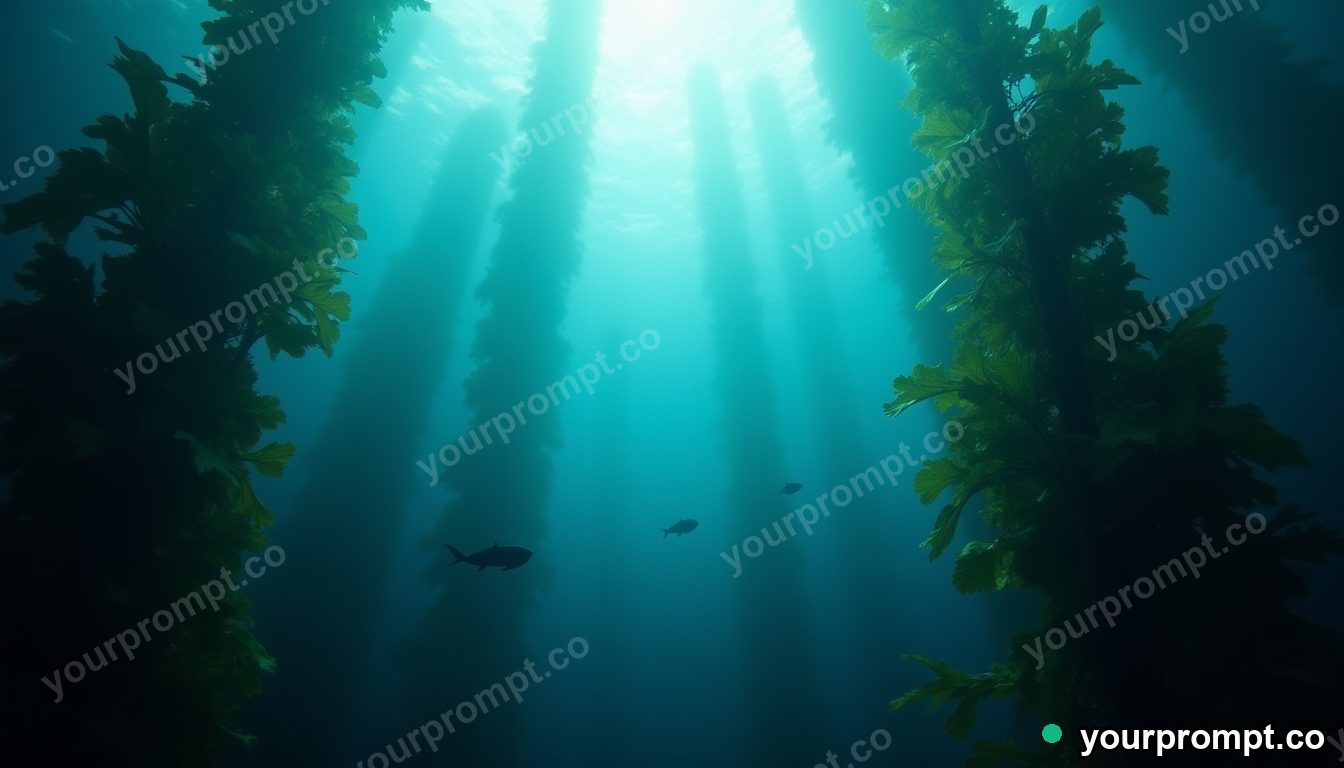 A kelp forest with light beams and drifting fish in underwater cinematic photograph style — AI-generated image from a text prompt