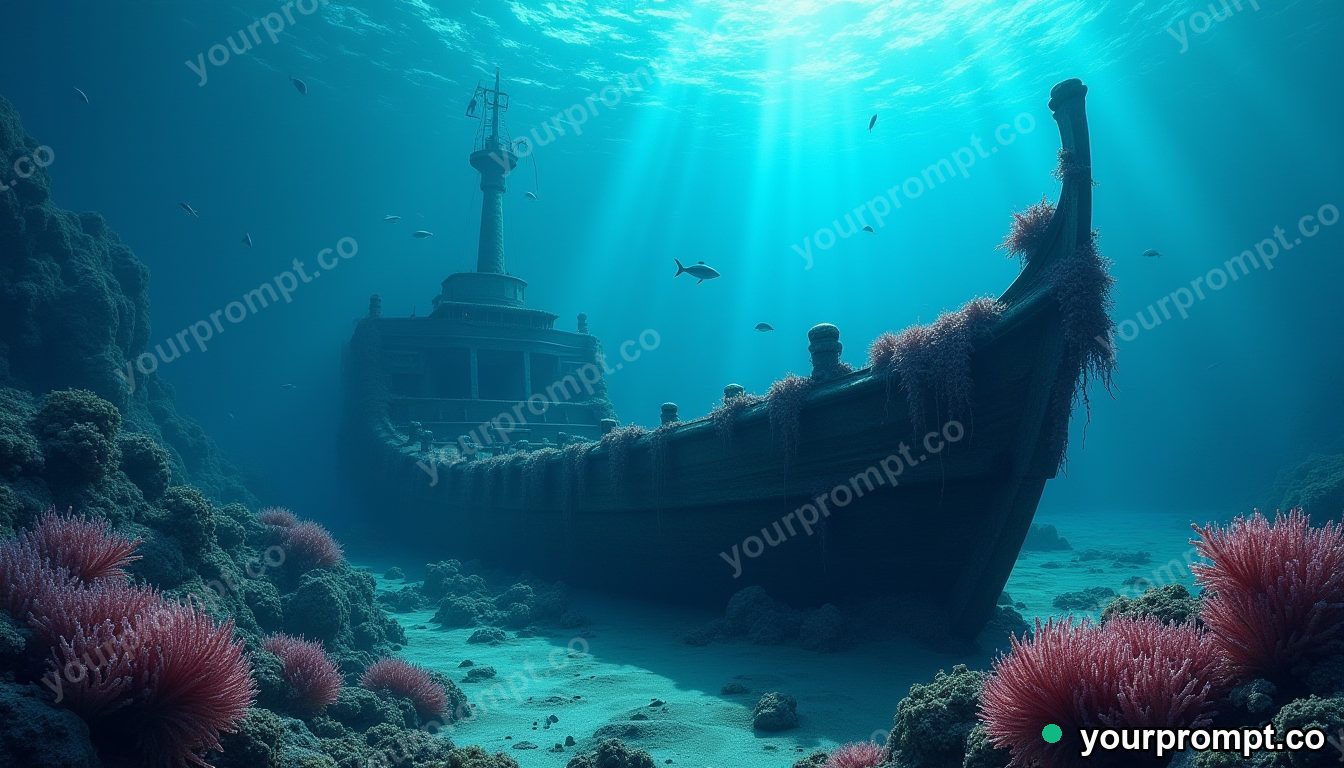 A shipwreck bow draped in coral and swirling fish in matte concept painting style — AI-generated image from a text prompt