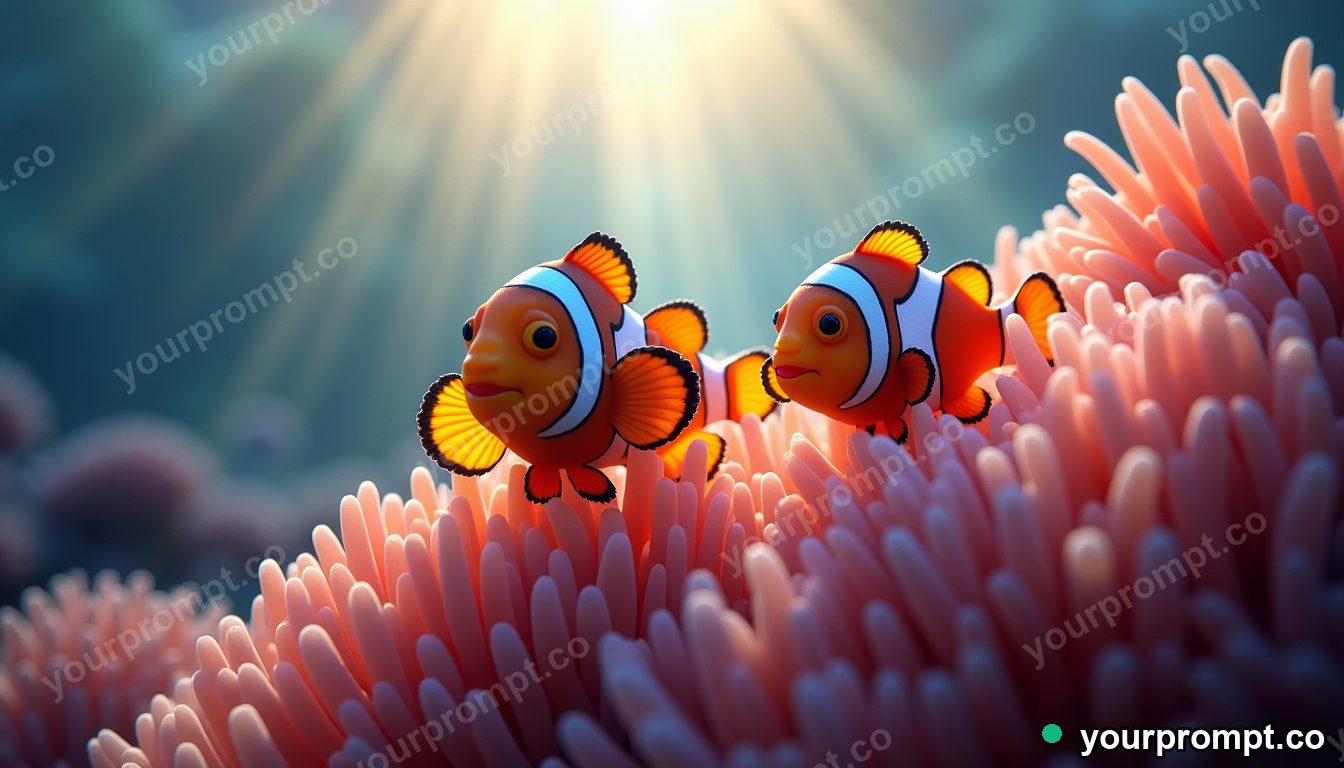 A clownfish family in a softly glowing anemone in photorealistic style — AI-generated image from a text prompt