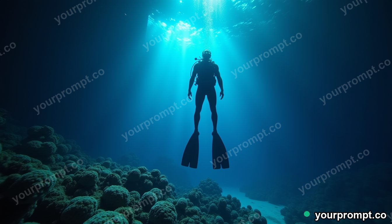 A diver hovering above a bioluminescent reef at night in underwater cinematic photograph style — AI-generated image from a text prompt