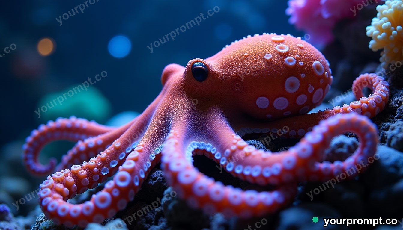 An octopus unfurling across a colorful reef wall in photorealistic style — AI-generated image from a text prompt