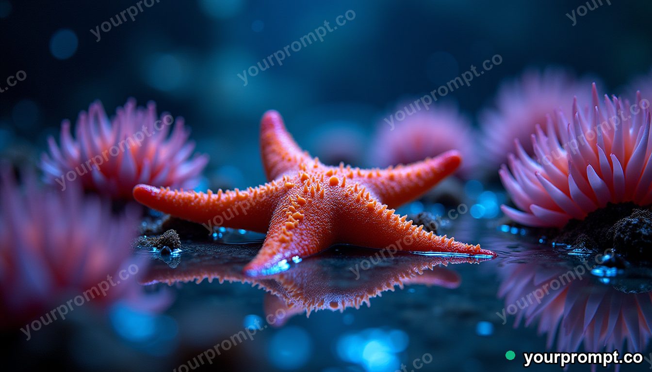 A tide pool world of starfish and anemones, macro in underwater cinematic photograph style — AI-generated image from a text prompt