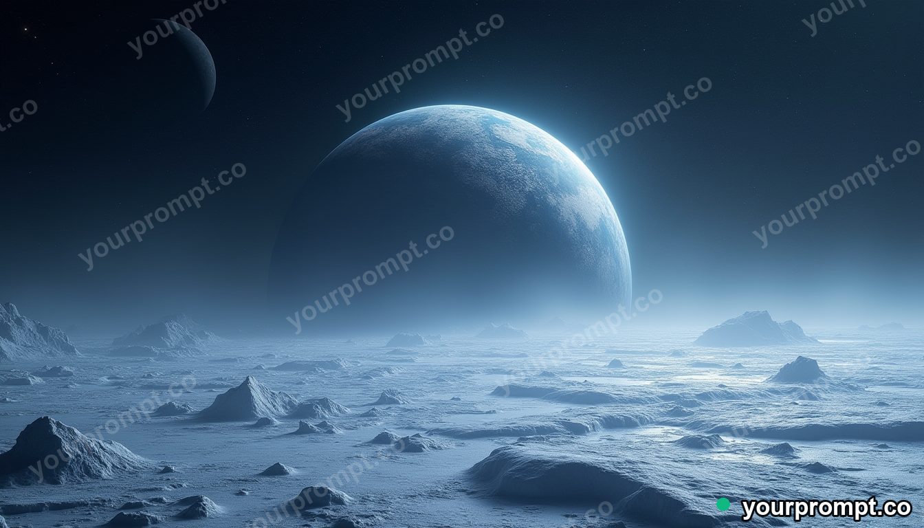 A ringed planet rising over an icy alien sea