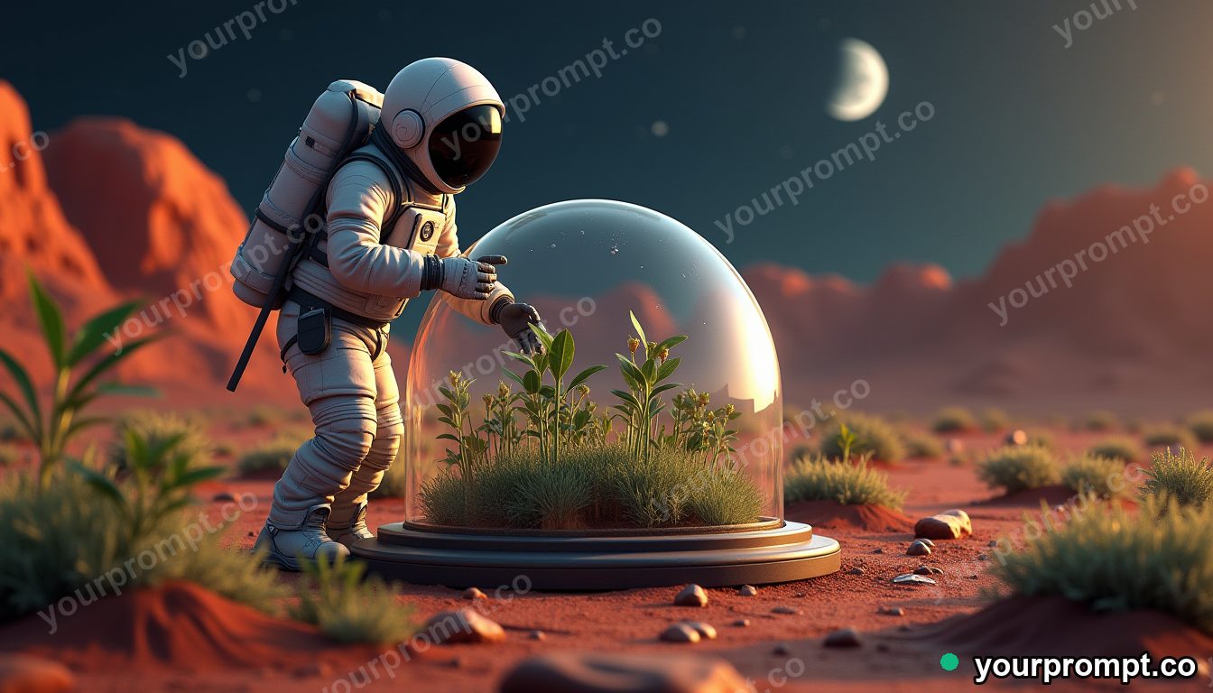 An astronaut tending plants in a glass dome on Mars