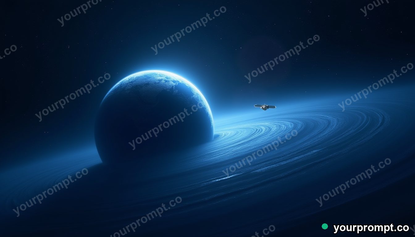 A lone satellite drifting above a swirling blue planet