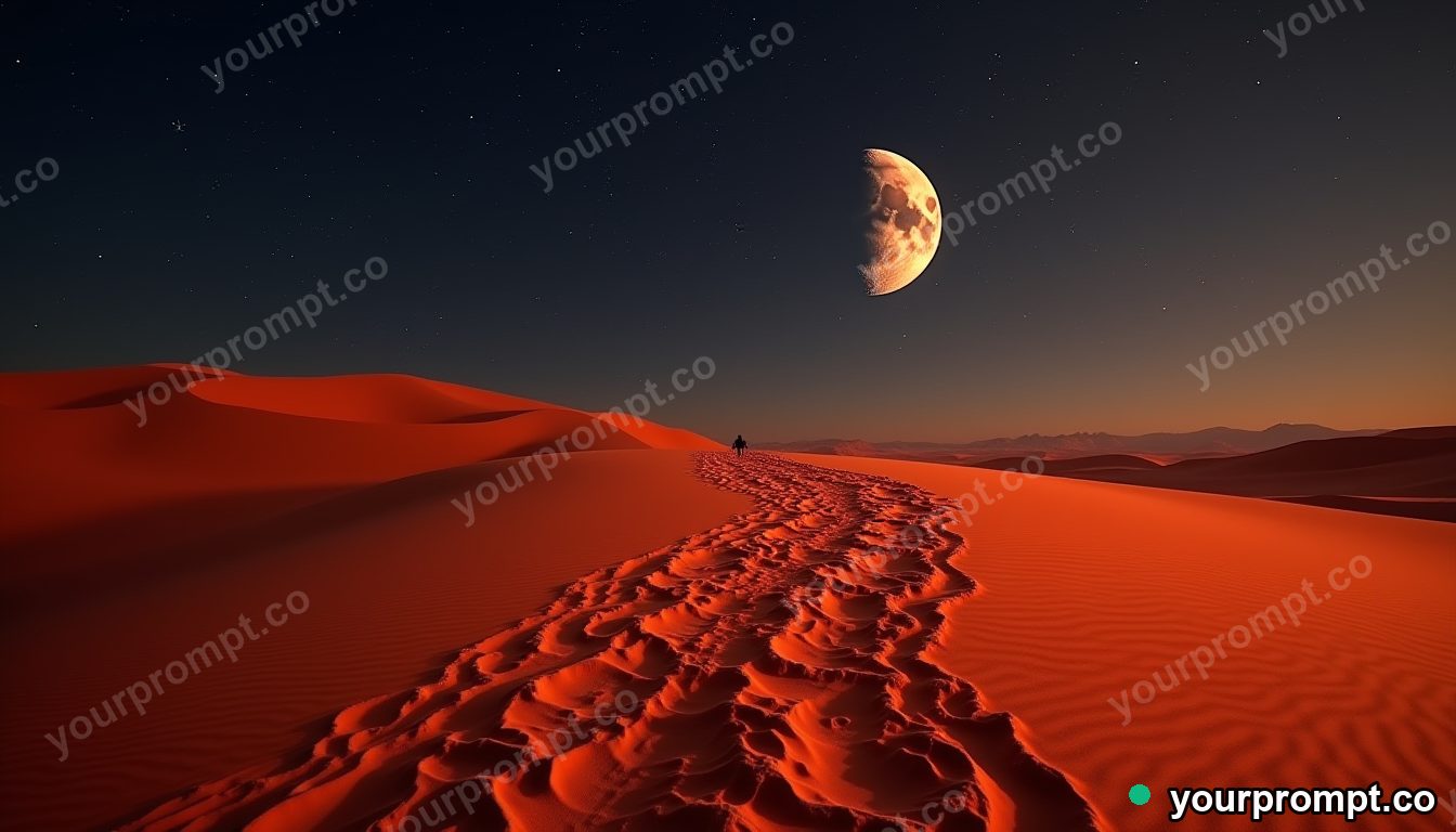 A rover's tracks across red dunes under two moons
