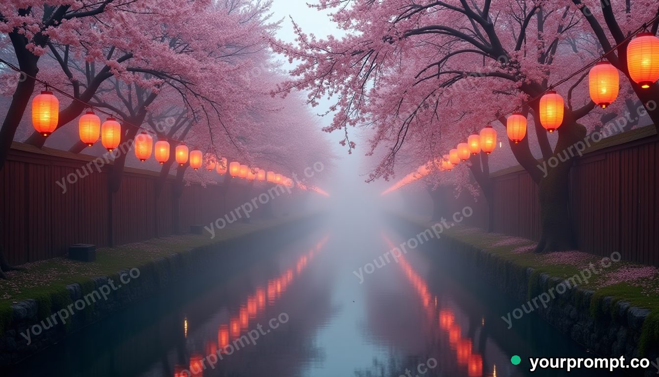 A misty cherry-blossom canal lined with paper lanterns in cinematic film still style — AI-generated image from a text prompt