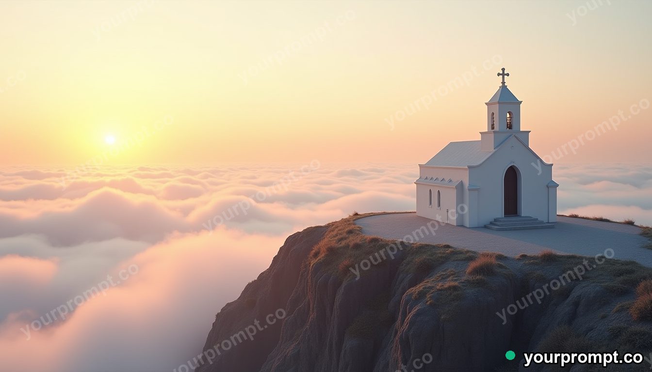 A clifftop white chapel above a sea of clouds in golden-hour photography style — AI-generated image from a text prompt