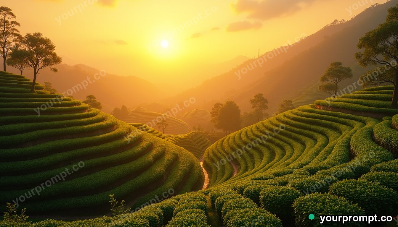 A terraced tea garden glowing at golden dusk in matte concept painting style — AI-generated image from a text prompt