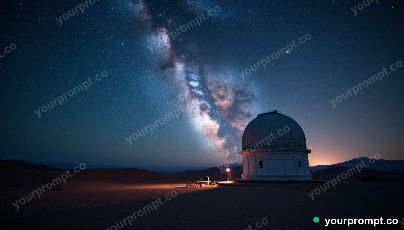 A desert observatory dome under a blazing milky way in cinematic film still style — AI-generated image from a text prompt