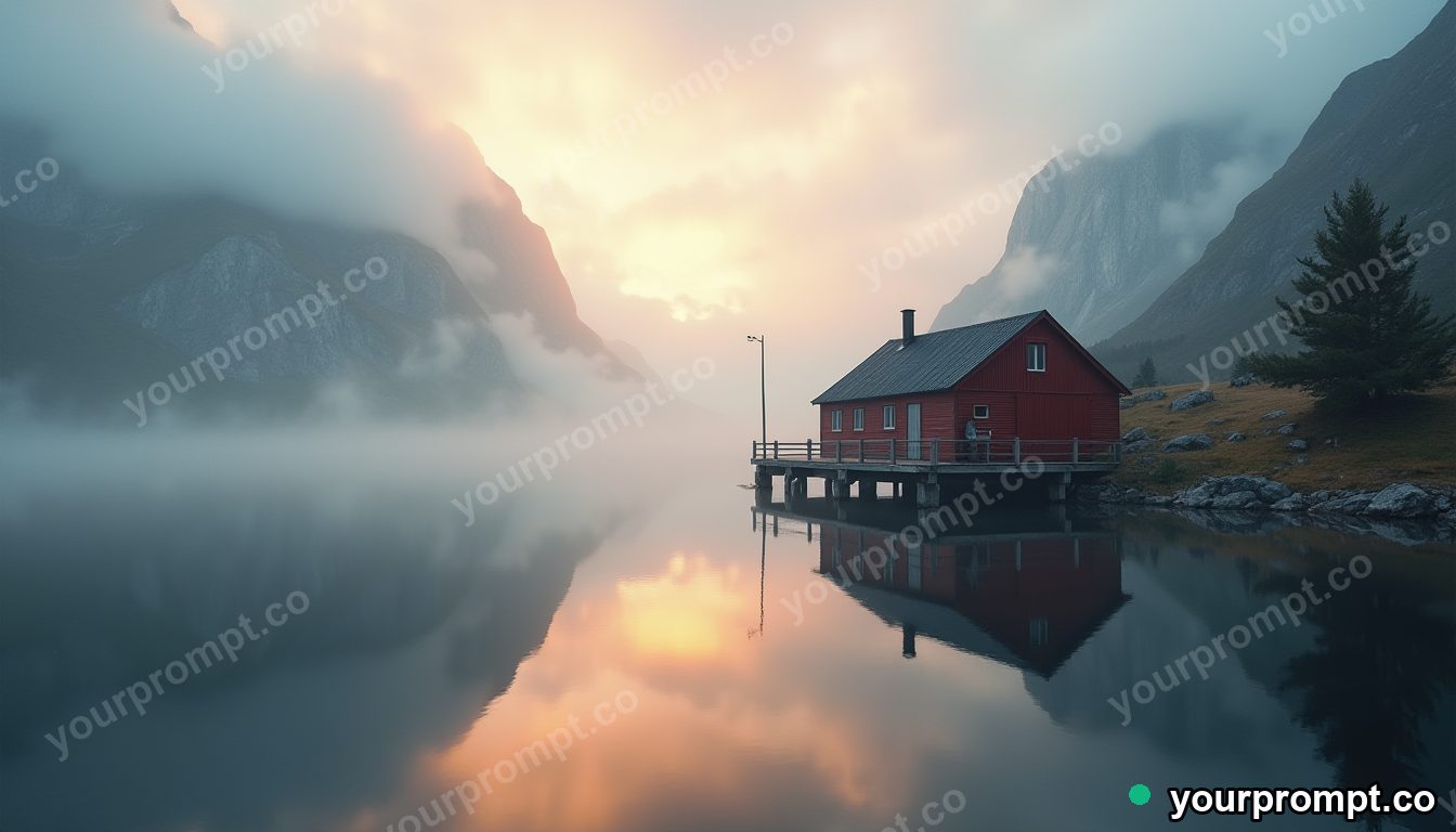 A fjord cabin on stilts mirrored in still water in golden-hour photography style — AI-generated image from a text prompt