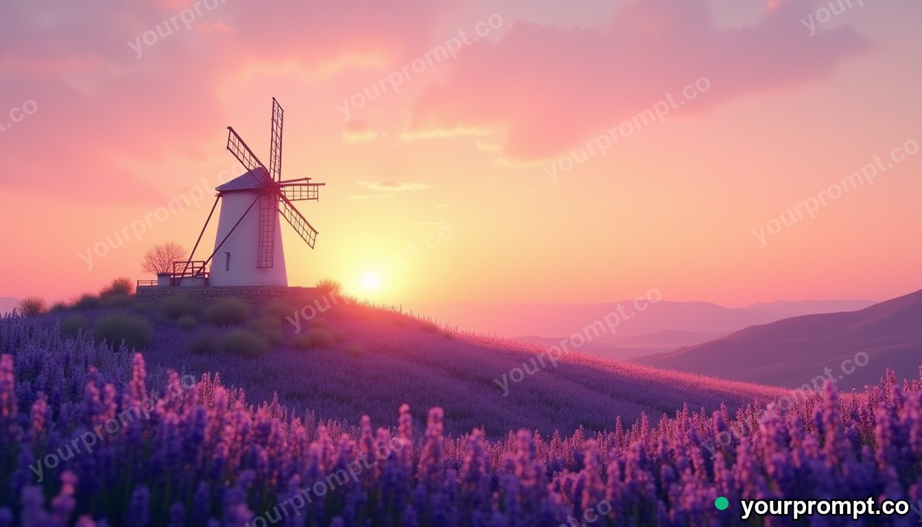 A hilltop windmill among lavender at sunset in matte concept painting style — AI-generated image from a text prompt
