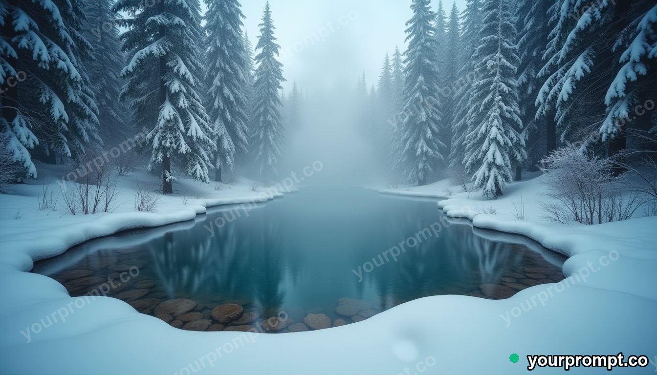 A hidden hot spring steaming in a snowy forest in cinematic film still style — AI-generated image from a text prompt