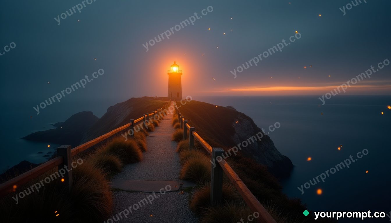 A coastal lighthouse path lit by fireflies at dusk in golden-hour photography style — AI-generated image from a text prompt