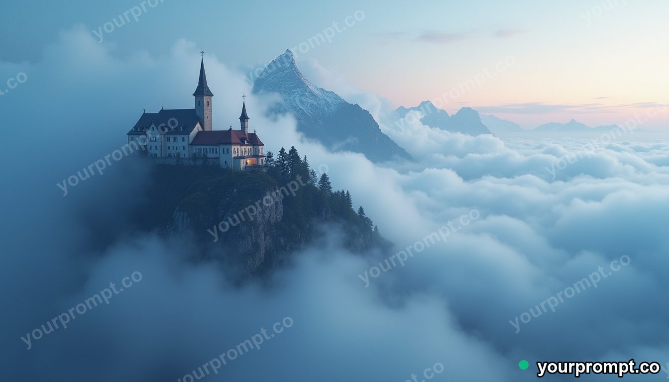 A mountain monastery wrapped in drifting clouds in matte concept painting style — AI-generated image from a text prompt
